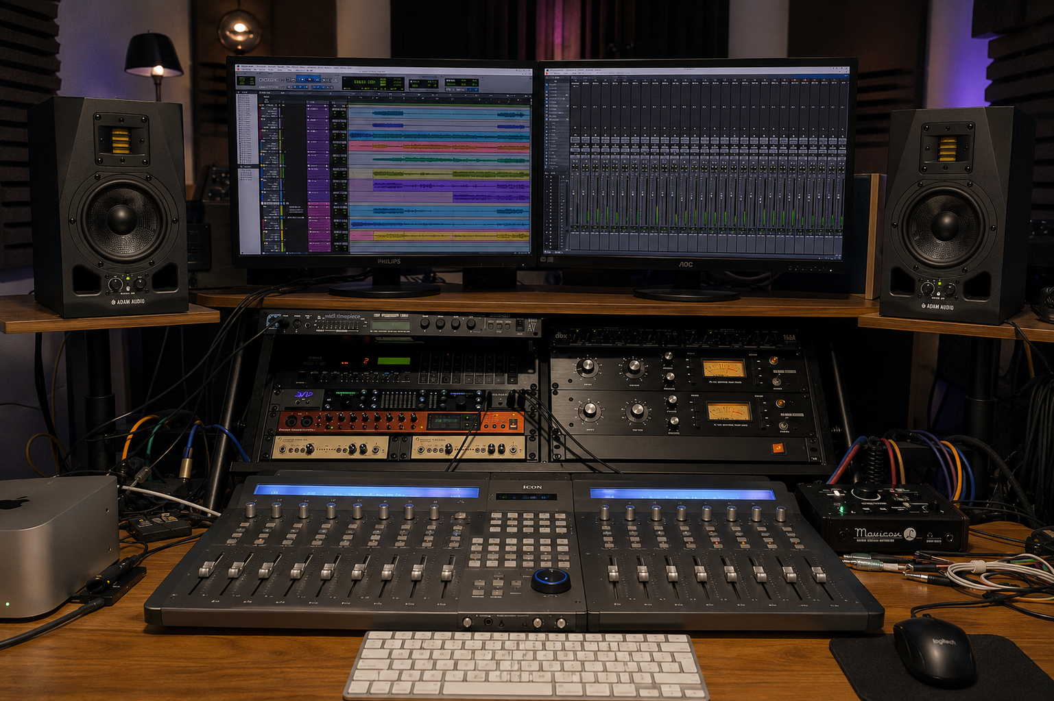 Le studio : écrans, claviers et enceintes de monitoring